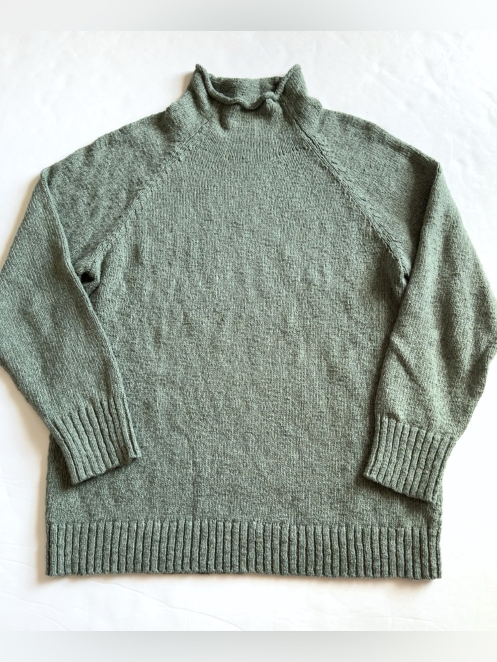 LL Bean Roll Neck Sweater Womens Large Green Fisherman Textured Cotton Ragg